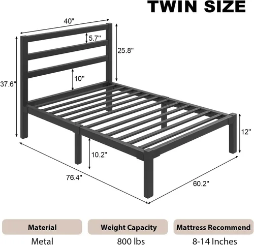 Miniatura 2 de E-Motie - Base de cama de tamaño individual, marco de cama de plataforma metálica con cabecero y estribo, espacio de almacenamiento debajo