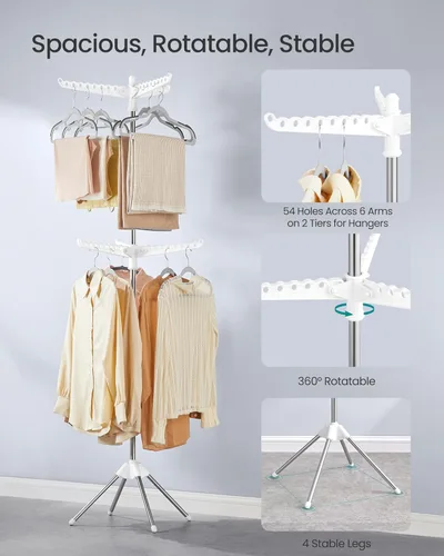 Miniatura 51 de SONGMICS ULLR510B01 - Estante de secado de ropa plegable de 59 pulgadas con 3 brazos giratorios para perchas, 4 patas, acero inoxidable, para 27