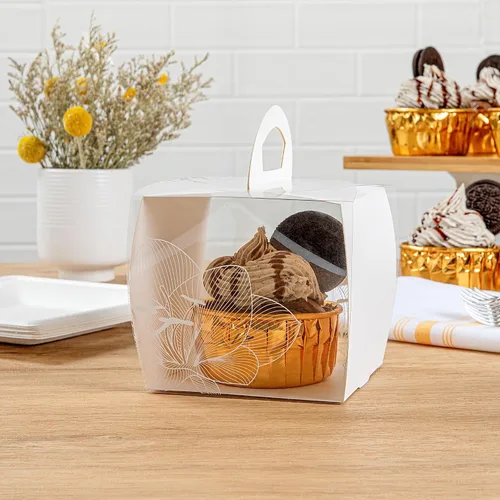 Miniatura 4 de Restaurantware - Cajas individuales para cupcakes de 4 x 4.25 pulgadas, 100 cajas de exhibición desechables para cupcakes - Con asa, acento de loto