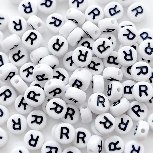 Miniatura 2 de 100 cuentas de letras acrílicas del alfabeto para hacer joyas, cuentas redondas blancas de la letra R para hacer pulseras, collares, llaveros, 0Flat