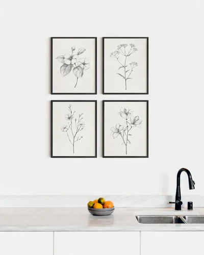 Miniatura 5 de HAUS AND HUES Arte de pared floral gris, juego de 4 pósteres de plantas para pared vintage, impresiones botánicas, cuadros de flores en blanco