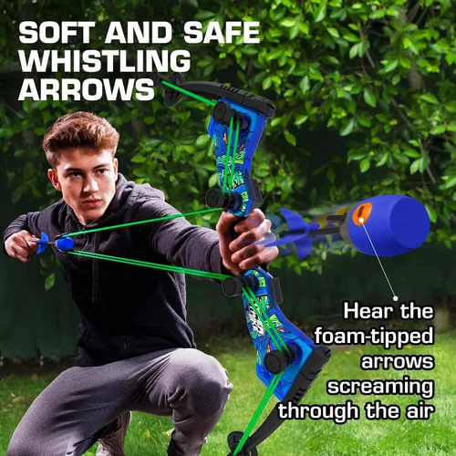 Miniatura 3 de Zing HyperStrike Dominator Bow Pack – 1 arco dominador azul, 4 flechas de silbato zónico azul, 1 juego de repuesto de cuerda elástica y 1 correa