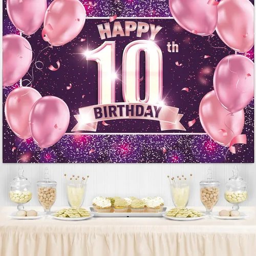 Miniatura 4 de Decoraciones de fondo de feliz cumpleaños 10 para niñas, pancarta de fondo rosa, morado y dorado Cartel de fondo de fotos de feliz 10 cumpleaños