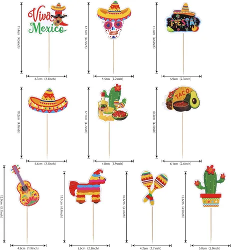 Miniatura 3 de Paquete de 40 adornos para cupcakes de fiesta de cactus, burro, maraca, sombrero, pimienta, guitarra, magdalenas, para fiesta mexicana, baby shower