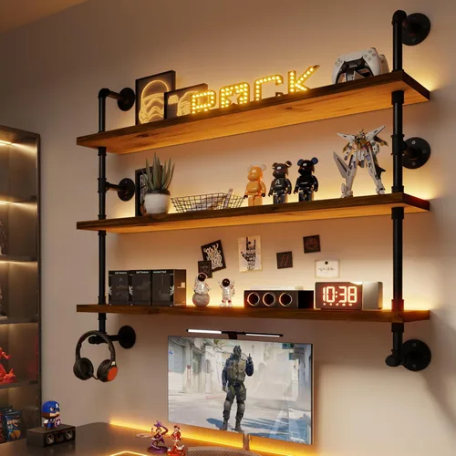 Miniatura 16 de Estantes de pared de tubería industrial con tablón de madera real, estantes flotantes de 48 pulgadas para pared, estantería de libros estilo granja