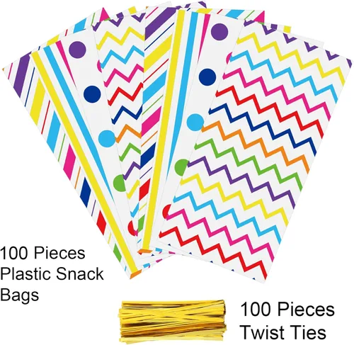 Miniatura 3 de Aneco Paquete de 100 bolsas de celofán arcoíris de 10.6 x 5.1 pulgadas, bolsas de plástico para dulces, bolsas de regalo, bolsas de regalo con lazos
