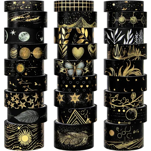 NANYNNU Juego de Cinta Washi Negra, 27 Rollos de Cinta Adhesiva Decorativa Negra con Lámina Dorada para Bullet Journaling, Suministros para