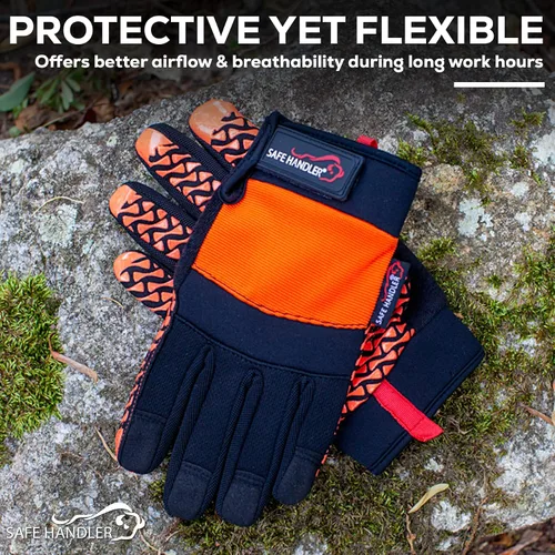 Miniatura 3 de SAFE HANDLER Guantes Super Grip Palma de agarre texturizada, textura antideslizante, correa de muñeca con gancho y bucle, negro/naranja, S/M, 1