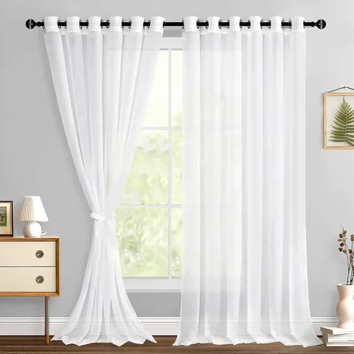Miniatura 154 de Hiasan - Cortinas traslúcidas de gasa cortas semitransparentes con ojales y alzapaños filtrantes de luz para ventana, dormitorio, baño, 2 paneles
