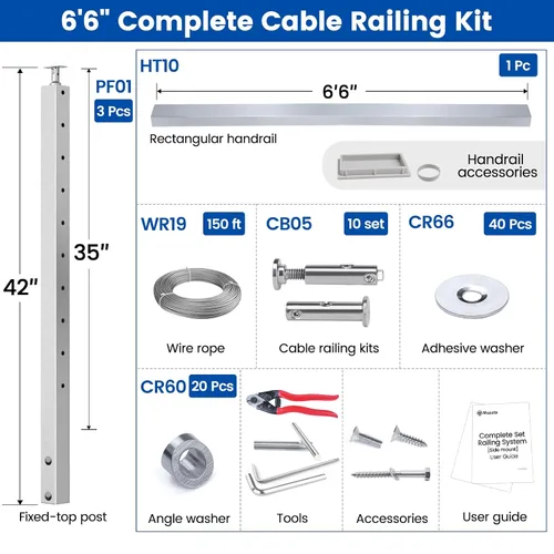 Miniatura 2 de Muzata Kit completo de barandilla de cable de montaje lateral de 3 pies a 6 pies 6 pulgadas para escaleras, sistema de barandilla de cable cepillado