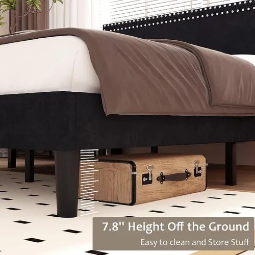 Miniatura 6 de Marco de cama de plataforma tamaño completo con cabecera tapizada ajustable, base de colchón moderna, soporte fuerte de listones de madera,