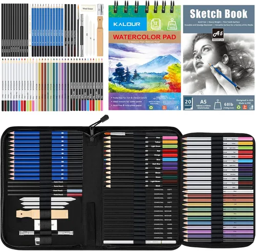 KALOUR Juego de 76 lápices para dibujo y boceto - Suministros de arte profesional con cuaderno de bocetos y papel para acuarela - Incluye tutorial,