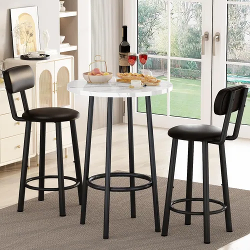 Miniatura 2 de Juego de mesa de comedor, mesa redonda de mármol sintético de 23.6 pulgadas con 2 sillas de respaldo tapizadas de poliuretano, juego de cocina