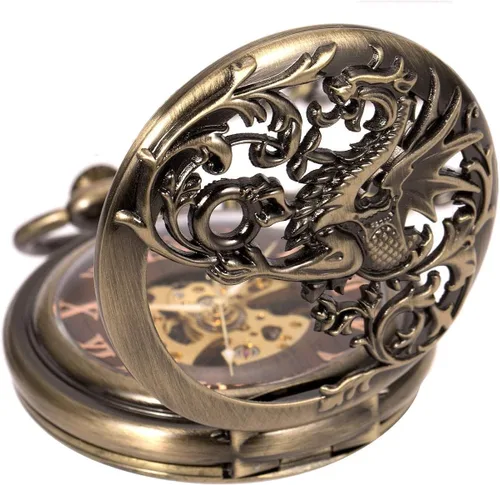 Miniatura 3 de Carrie Hughes Men Mechanical Pocket Watch with Chain Lucky Dragon Steampunk Skeleton Hunter Double Open in Box CHPW10