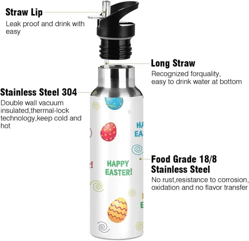 Miniatura 3 de Colorful Easter Eggs White Insulated Water Bottle 32 Oz Leakproof Water Bottles, BPA-Free Sports Water Bottle with Straw