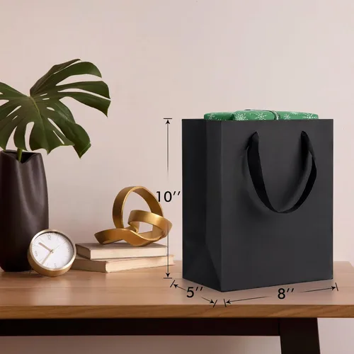 Miniatura 4 de PrimeSign Bolsas de regalo negras con asas: 8 x 5 x 10 pulgadas, paquete de 12 bromas de papel negro, a granel, para fiestas, compras, cumpleaños