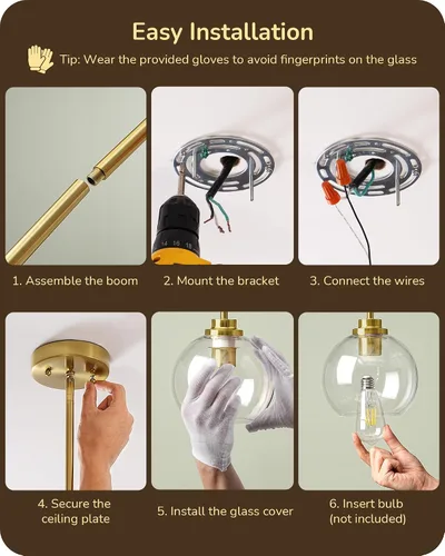 Miniatura 6 de EDISHINE Luces Colgantes para Isla de Cocina, Moderna Lámpara Colgante Dorada con Pantalla de Globo de Vidrio Transparente, Varilla de Metal Dorado