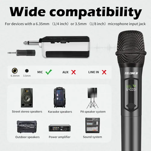 Miniatura 2 de talomen Micrófonos inalámbricos, micrófono dual profesional de karaoke para cantar, sistema de micrófono dinámico inalámbrico de mano con receptor