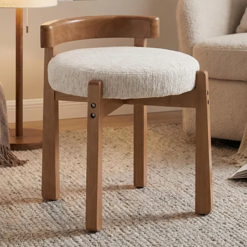DUOMAY Taburete de tocador de felpilla beige con respaldo bajo, altura del asiento de 18.75 pulgadas, otomana redonda tapizada, patas de goma