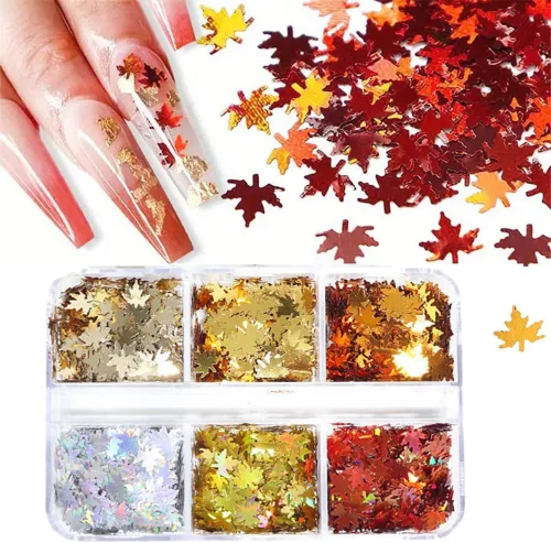 Juego de manicura con diseño de hojas de arce, con purpurina, holográfica, para otoño, con lentejuelas, para otoño, Acción de Gracias, decoración de