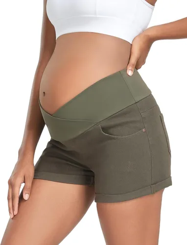 HOFISH Women's Stretchy Maternity Jeans Shorts Over The Belly Denim Shorts Pants Comfy Workout Casual Pregnancy Shorts