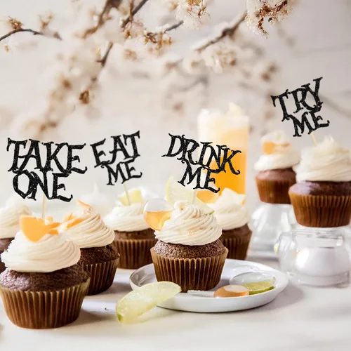 Miniatura 7 de Gyufise 24 piezas de adornos para cupcakes de Alicia en el país de las maravillas con purpurina negra Try Me Take One Eat Me Cupcake Picks