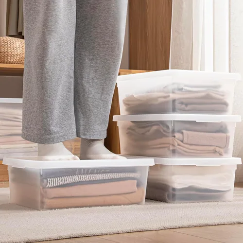 Miniatura 5 de Paquete de 4 cajas apilables de plástico de 25 litros con tapas, contenedor para organizar zapatos y manualidades en estantes de armario, garaje