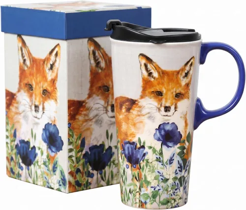 Miniatura 9 de Taza de viaje de cerámica de hortensia de jilguero de 17 onzas con tapa, taza de café floral de pájaro verde azulado con caja de regalo, taza de té
