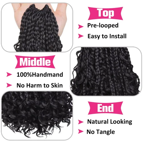 Miniatura 3 de Unionbeauty - 8 paquetes de trenzas bohemias de diosa en caja, de ganchillo de pelo para mujer negra, 8 pulgadas de trenzas de caja bob bohemias