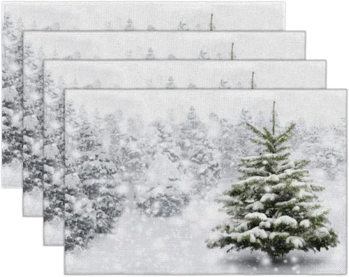 Miniatura 7 de Juego de 6 manteles individuales cuadrados de tela para árbol de Navidad, resistentes al calor, fáciles de limpiar, 12 x 18 pulgadas
