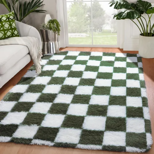 Miniatura 37 de KICMOR - Tapete a cuadros afelpado, peludo, mullido, color beige y blanco crema, pequeño, de 2 x 3 pies, para dormitorio, sala, junto a la cama