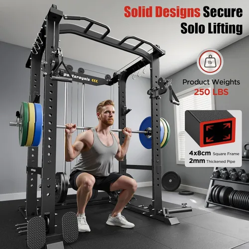 Miniatura 2 de Sportsroyals Jaula de Potencia, Rack de Potencia Multifuncional de 1600 libras con Sistema de Cruce de Cable Ajustable y Más Accesorios de Rojo/negro