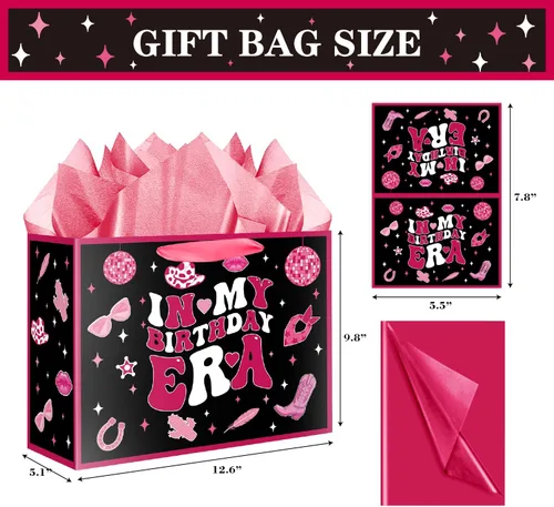 Miniatura 2 de JWSCYSY Bolsa de regalo de cumpleaños de 12.6 pulgadas con papel de seda y tarjeta para niñas y mujeres