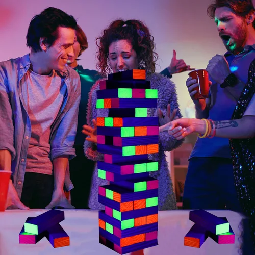 Miniatura 6 de Ahuimeius Juego de 54 piezas de torre gigante para exteriores, juego de torre que brilla en la luz negra, juego de mesa al aire libre para adultos