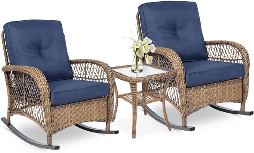 Miniatura 23 de VIVIJASON Mecedora de mimbre para exteriores, silla mecedora de ratán para patio con cojines y marco de acero, muebles de mimbre mecedores