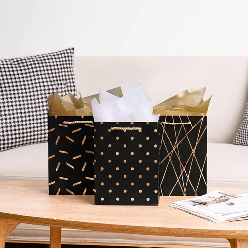 Miniatura 5 de Nihuecne Bolsas de regalo de tamaño mediano de 9 pulgadas con papel de seda, paquete de 4 bolsas de regalo de papel de envoltura de oro negro