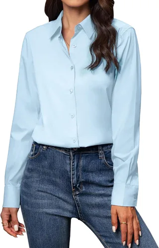 Miniatura 24 de Gleeivy Camisas con botones para mujer de ajuste clásico, camisa de vestir, camisa de trabajo, de negocios, casual, de manga larga, blusa, tops A