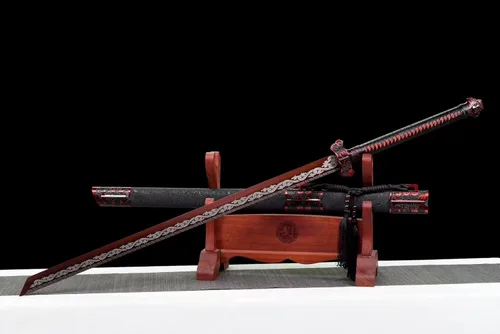 Miniatura 8 de Espada china de acero de alto carbono SJ SHI JIAN dinastía Tang Dao hoja recta con patrón de dragón funda Rojo