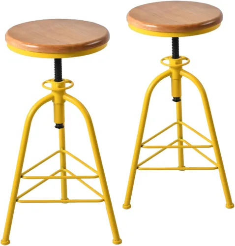 Miniatura 9 de Topower Taburete de bar de altura ajustable de metal de diseño industrial antiguo, silla de desayuno de comedor de cocina, taburete de madera