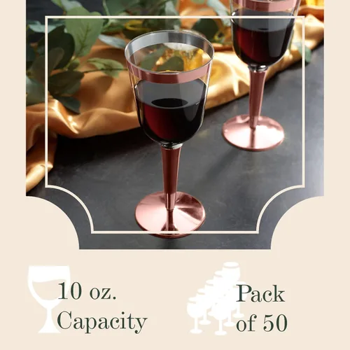 Miniatura 4 de 50 copas de vino desechables de plástico con borde de oro rosa, tamaño grande, 9.98 oz. BloominGoods - Vasos para bodas y eventos