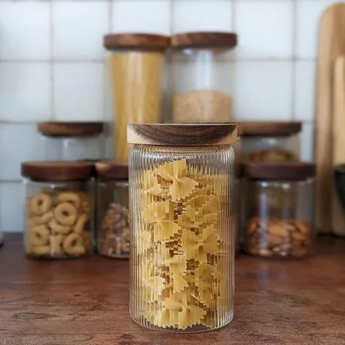 Miniatura 6 de Mason & Fable Tarro de vidrio acanalado, apilable y hermético, tapa de madera, recipiente de almacenamiento para galletas, golosinas, té o azúcar