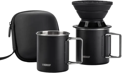 Vandroop Juego de cafetera portátil, juego de gotero de café plegable de silicona, perfecto para viajes, campamento, hogar (taza negra de 2 tazas)