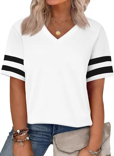 Miniatura 94 de Eytino Blusas de talla grande para mujer, cuello en V, manga corta, a rayas, casual, holgada, con bolsillo (1X-5X)