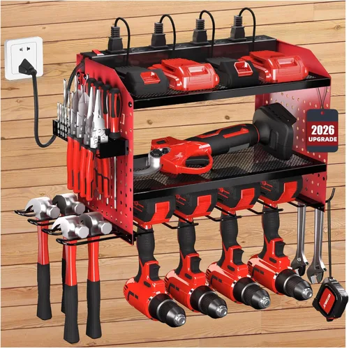 Miniatura 9 de Organizador de herramientas eléctricas con estación de carga, estante modular de montaje en pared resistente para garaje y organización de Negro