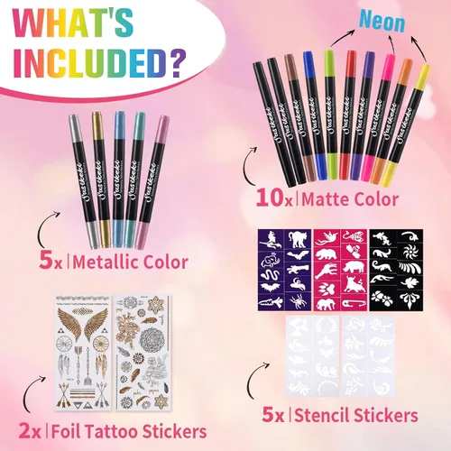 Miniatura 2 de Marcadores temporales de tatuaje para piel, 15 bolígrafos de tatuaje de doble punta + 50 plantillas de pintura + 43 calcomanías de tatuajes, juego