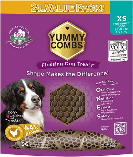 Yummy Combs Golosinas dentales para perros, aprobadas por veterinarios VOHC, deliciosa proteína de pollo, elimina el sarro con forma de peine de