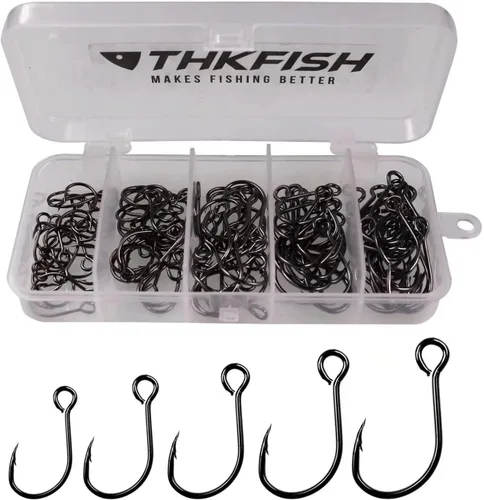 Miniatura 9 de THKFISH 50 unids/100 piezas de caja en línea ganchos individuales de repuesto para señuelos cebos en línea ganchos circulares ojo grande con púas