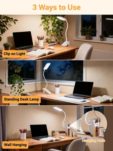Miniatura 7 de Lámpara con Pinza, 9 Niveles de Brillo + 5 Colores Luz con Abrazadera, Lámpara de Escritorio Recargable con Batería de 4000mAh con Pinza, 450