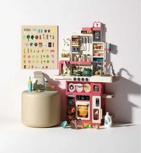 Miniatura 2 de Serena&Jewel Juego de cocina con 63 piezas, juego de accesorios de juguete con sonidos reales y luz, fregadero de juego, estufa de cocina con vapor