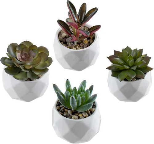 Miniatura 9 de MyGift Surtido de plantas suculentas rojas artificiales, mini plantas falsas del desierto en macetas cuadradas blancas, juego de 3 Rojo (juego de 3)